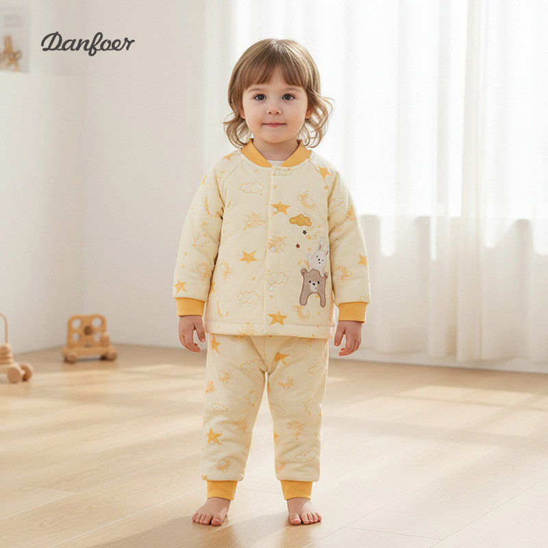 儿童薄棉套装秋冬季新生儿纯棉分体按扣两件套装宝宝保暖加厚夹棉