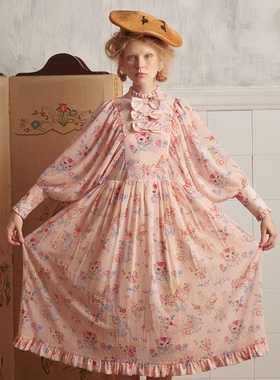 87折【Unlogical Poem】复古小立领猫咪印花蝴蝶结连衣裙