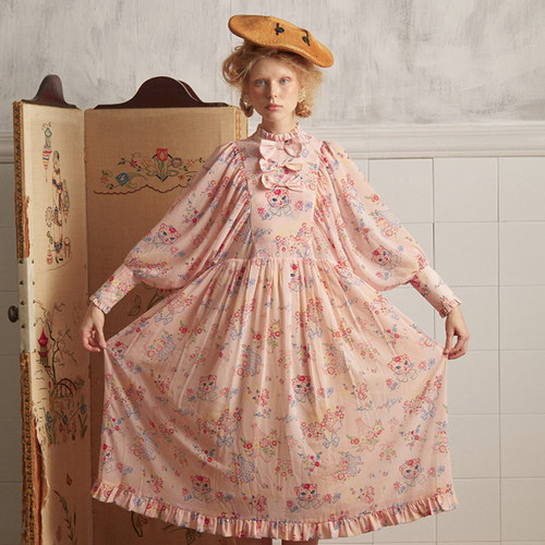 87折【Unlogical Poem】复古小立领猫咪印花蝴蝶结连衣裙