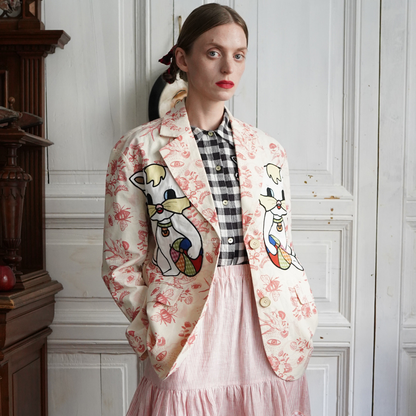 85折【Unlogical Poem】设计师复古手绘印花猫咪刺绣休闲西装外套