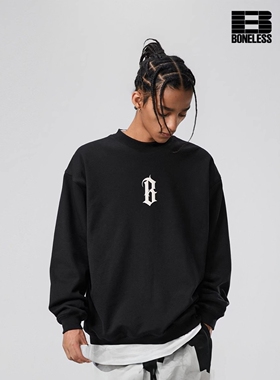 BONELESS基础B字发泡印花圆领重磅卫衣美式高街潮牌男宽松上衣