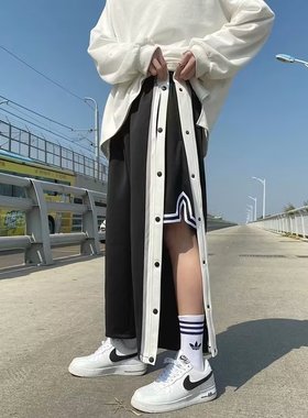 秋季直筒排扣裤男侧边全开扣秒脱篮球运动裤阔腿休闲条纹纽扣卫裤
