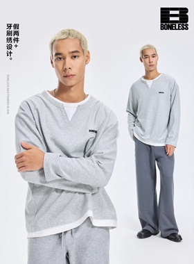 【云端触感】BONELESS空气层假两件牙刷绣长袖上衣宽松设计感T恤