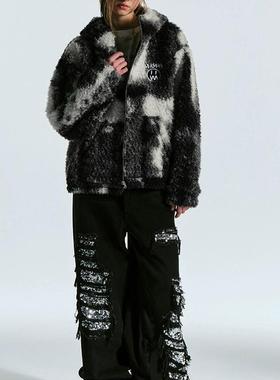 BEASTER鬼脸刺绣秋冬潮流连帽夹克男美式百搭新款仿羊羔绒外套