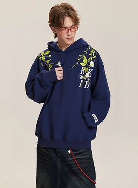 NTBF美式复古花卉字母刺绣连帽卫衣男女秋季新款重磅宽松情侣外套