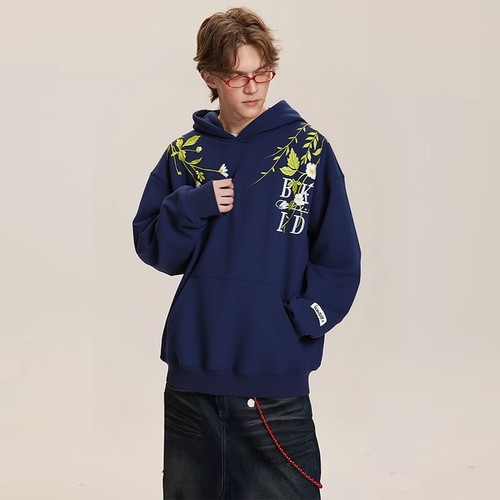 美式复古花卉字母刺绣连帽卫衣