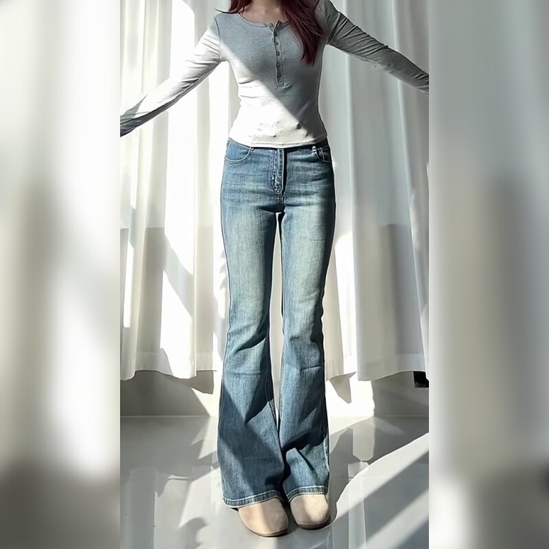 美式复古微喇牛仔裤女低腰修身显瘦小个子喇叭裤