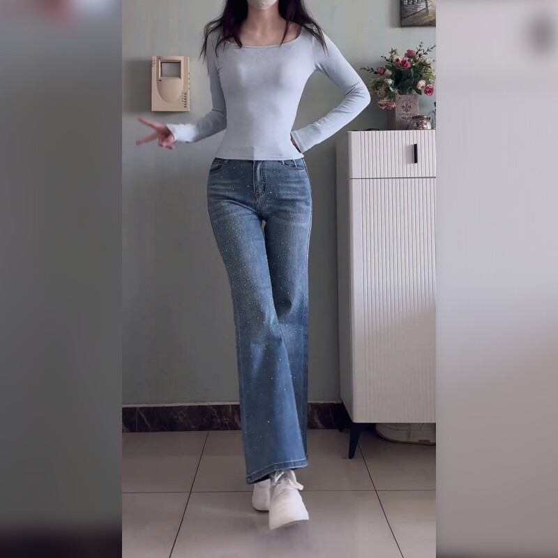 高腰微喇牛仔裤女显瘦修身蓝色长裤复古喇叭裤弹力百搭小个子显高