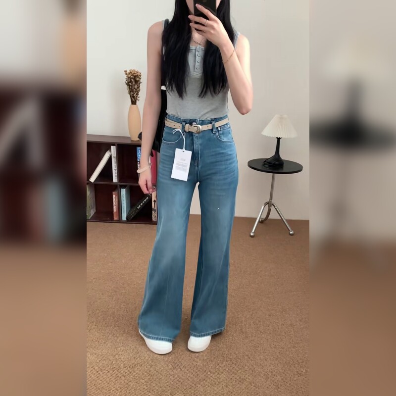 复古蓝高腰直筒微喇牛仔裤女显瘦不贴腿小个子长裤