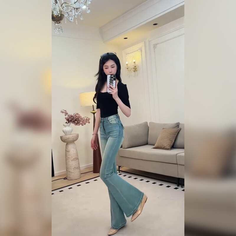 韩系水洗蓝色高腰微喇牛仔裤女夏薄款修身显瘦小个子百搭喇叭裤