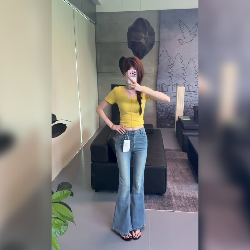 低腰水洗蓝色牛仔微喇长裤女修身显瘦减龄复古喇叭裤