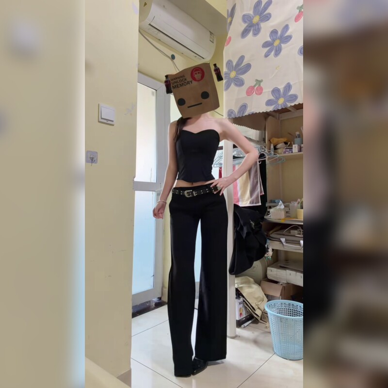 美式复古低腰阔腿牛仔裤女黑色显瘦直筒长裤
