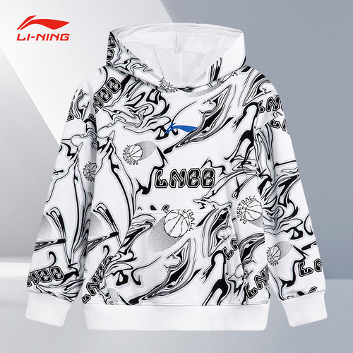 Lining/李宁秋季大童新款宽松透气满印字母连帽套头卫衣YWDT155