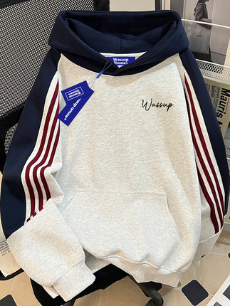 Wassup Heavyweight American Retro Patchwork Hooded Sweatshirt for Men, Autumn and Winter Trendy Brand, Loose Letter Print Couple's Top