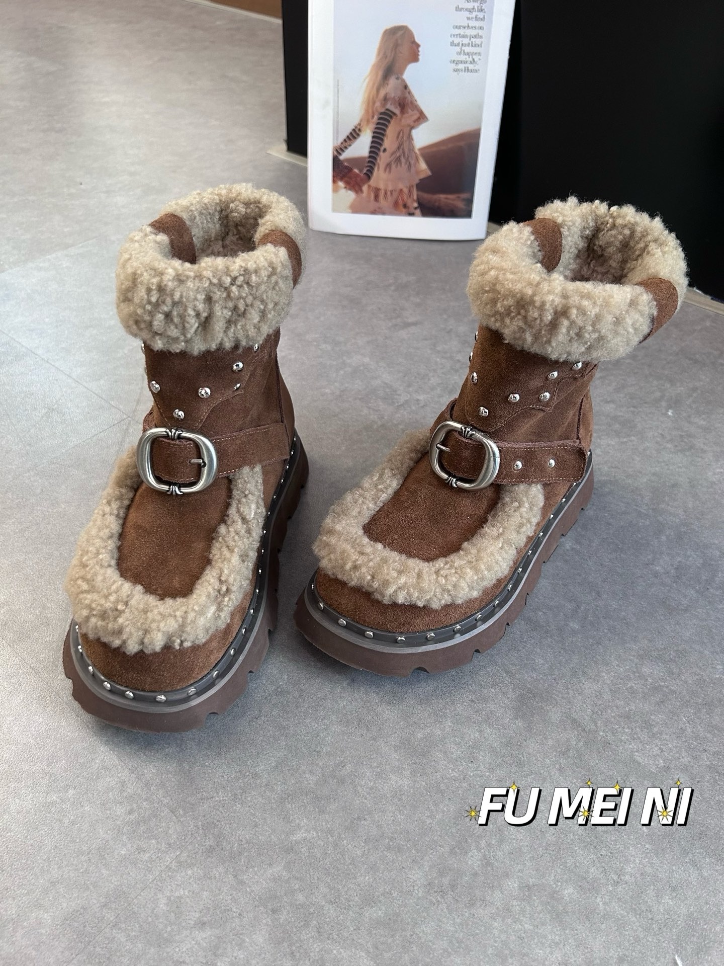 2025冬季加绒翻毛厚底雪地靴女