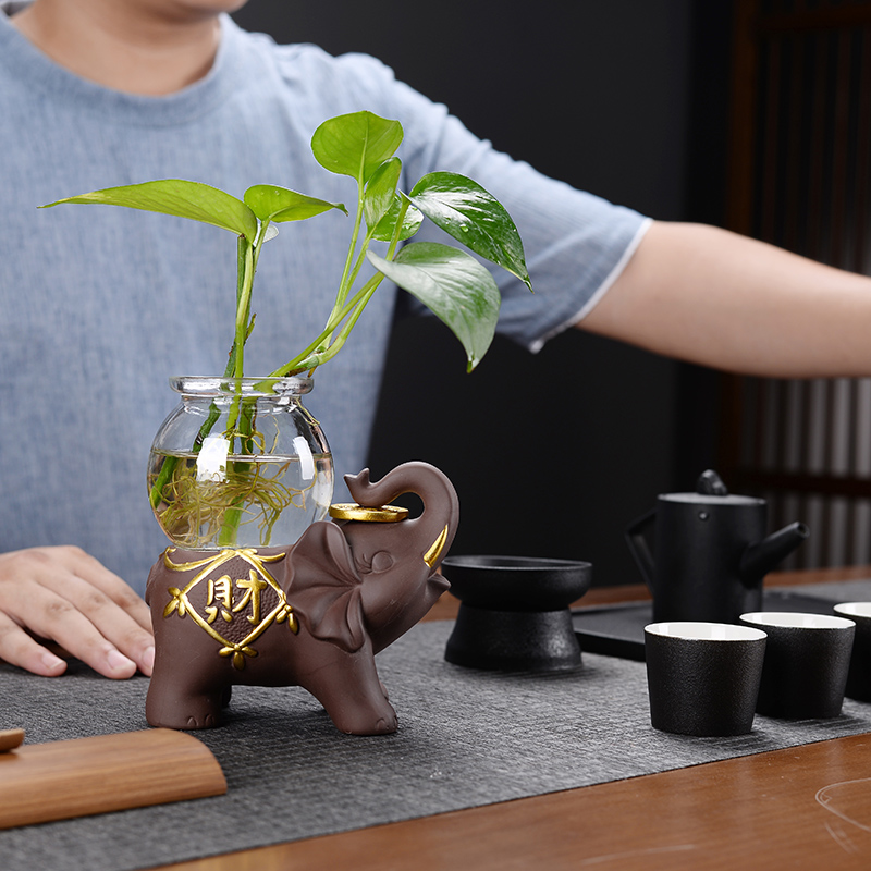 大象花瓶花器紫砂陶瓷摆件干花插客厅餐桌家居装饰品绿色绿萝水培