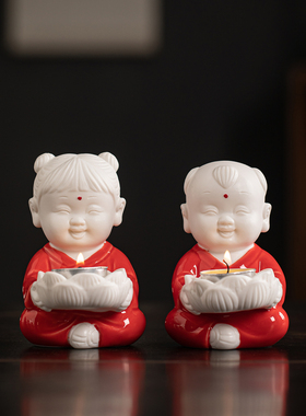 创意陶瓷金童玉女摆件蜡烛台