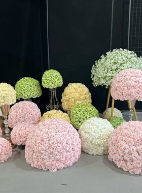 婚庆路引花球酒店婚礼堂桌摆盆花韩式T台罗马柱装饰仿真玫瑰花球
