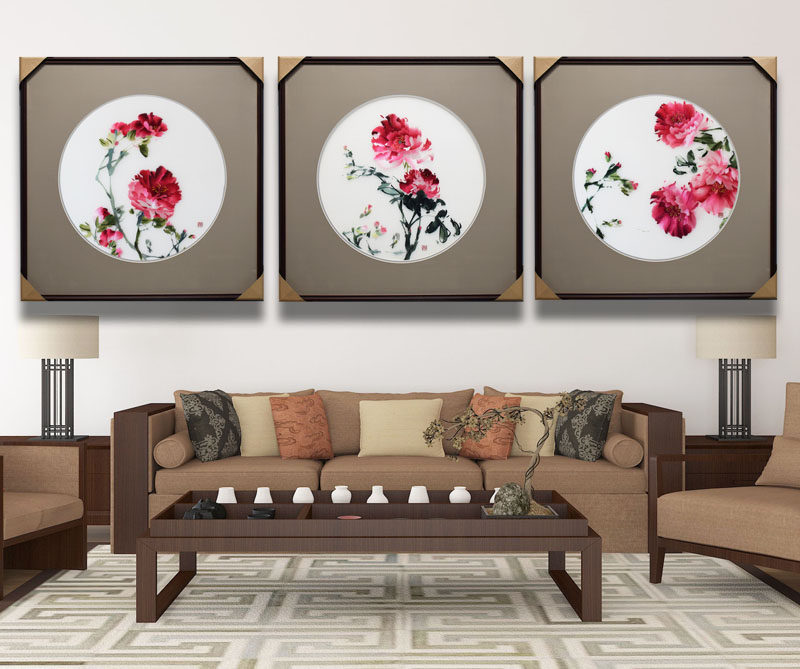 纯手工刺绣中国国画苏绣成品挂画客厅带框三联装饰画牡丹花刺绣画