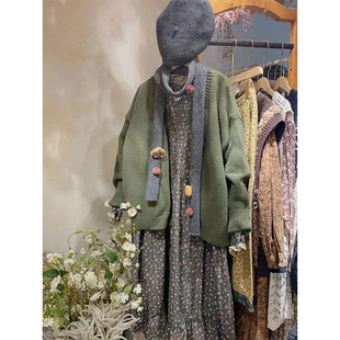 森系甜美复古套装裙女秋冬新款宽松针织开衫碎花连衣裙气质两件套