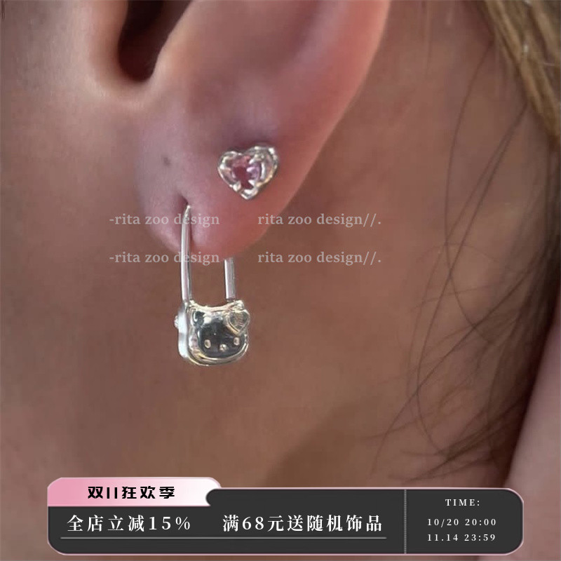 925银可爱小猫别针个性耳环耳钉