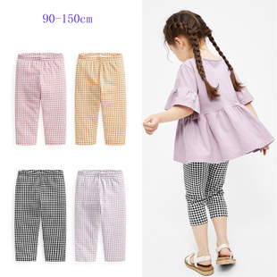 女童裤子夏季新款纯棉七分裤女宝宝薄款打底裤中大童格子裤休闲裤