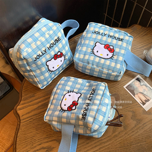 蓝格子迷你化妆包可爱口红收纳包女生大容量便携方块包随身杂物包