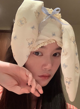 可爱蓝色小兔花边蕾丝眼罩遮光睡眠洗脸发带女士飞机高铁助眠眼罩