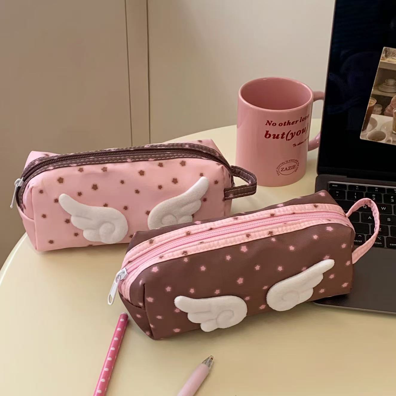 粉色星星翅膀笔袋女孩款高颜值帆布文具袋初中小学生铅笔袋大容量