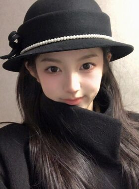 小香风蝴蝶结小礼帽女生秋冬高级感气质千金帽黑色赫本风毛毡帽子