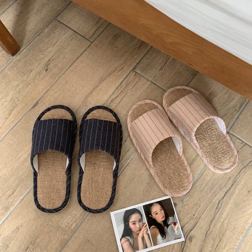 情侣亚麻拖鞋防滑静音凉拖女夏天居家穿日系简约条纹吸汗软底拖鞋
