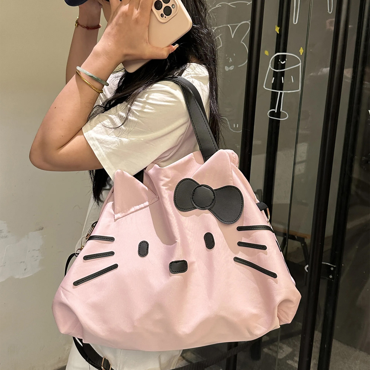 黑粉猫咪托特包女大容量2025新款日常通勤休闲帆布包包手提旅行包