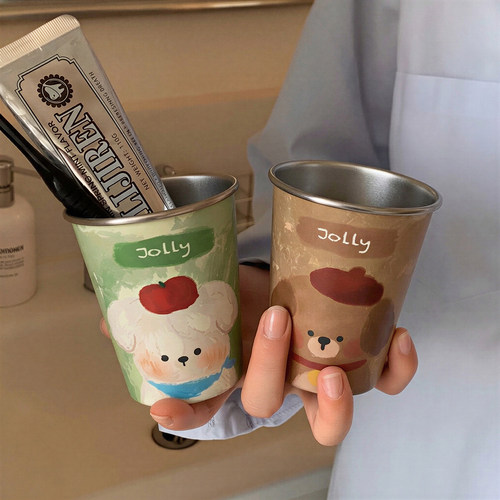 小清新油画小狗儿童刷牙漱口杯不锈钢防霉家用牙杯洗漱杯牙刷杯子