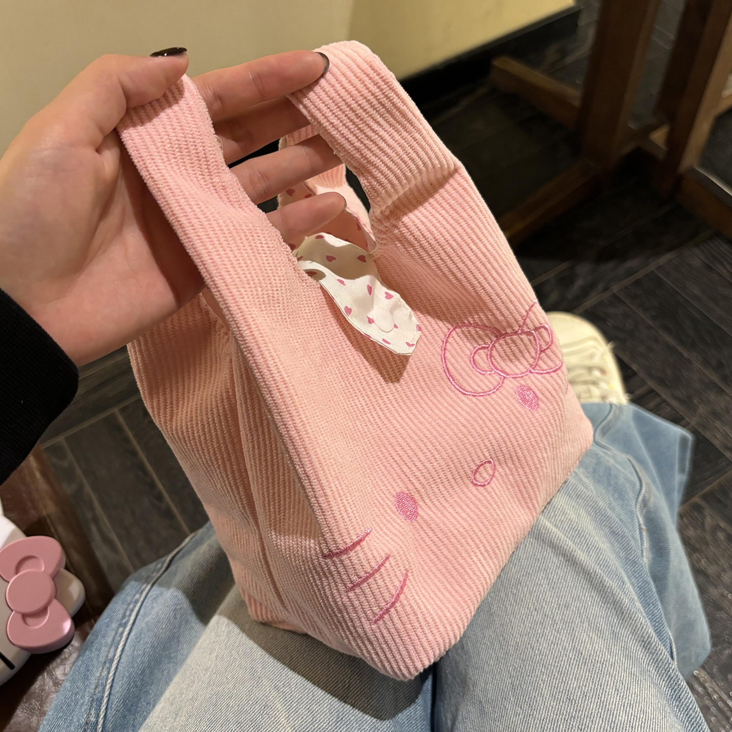 粉色猫咪刺绣手提帆布包外出通勤简约百搭包包小拎包上班族饭盒包