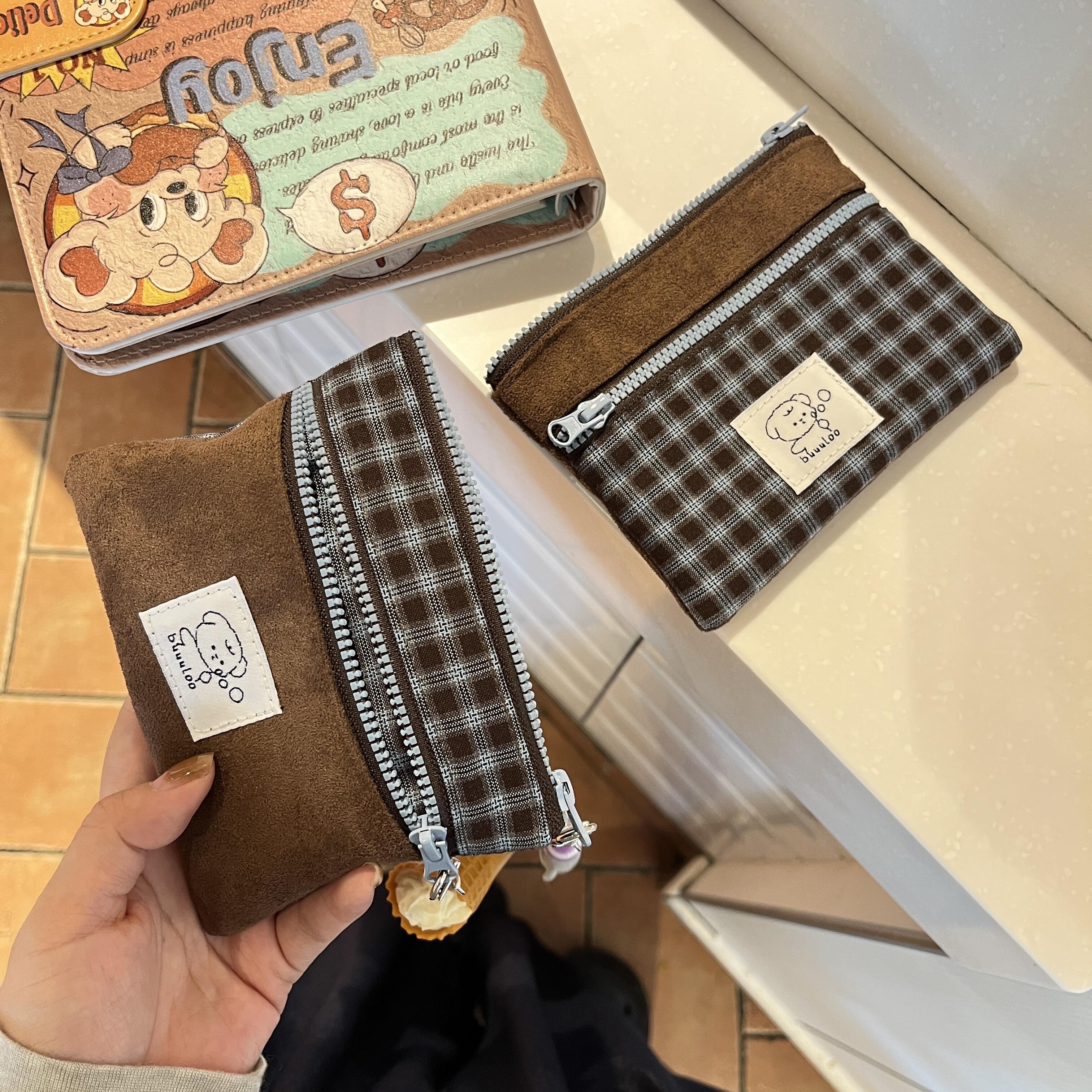 复古麂皮绒双层卡包秋冬高级感随身零钱包化妆品口红杂物小包包女