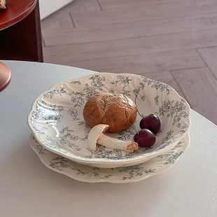 中古雾蓝花卉甜品盘陶瓷盘子家用高级感碗盘餐具ins花边餐盘深盘