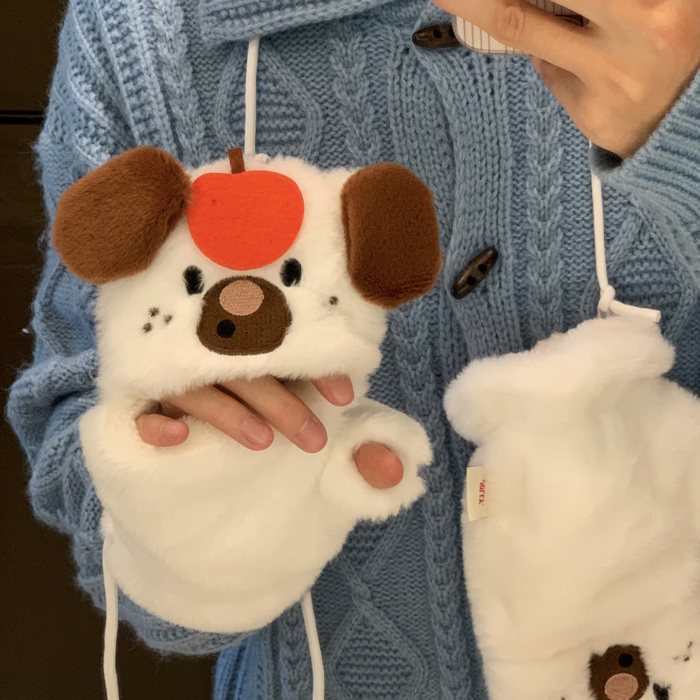 可爱小熊毛绒手套女童冬2025新款防寒保暖女孩学生翻盖露指写字