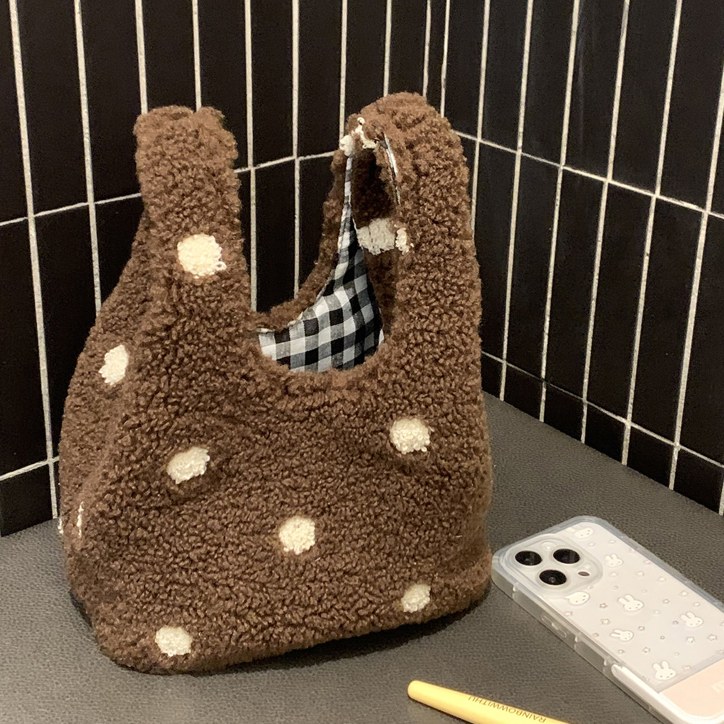 韩系波点毛绒手提包包女大容量外出通勤百搭托特包上班杂物小拎包,箱包皮具/热销女包/男包,托特包,淘宝优惠券,粉丝福利购,淘宝优惠卷