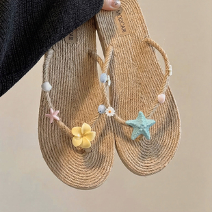 海洋花朵仿草编肌理沙滩鞋人字拖夏海边休闲度假外穿防滑人字拖鞋