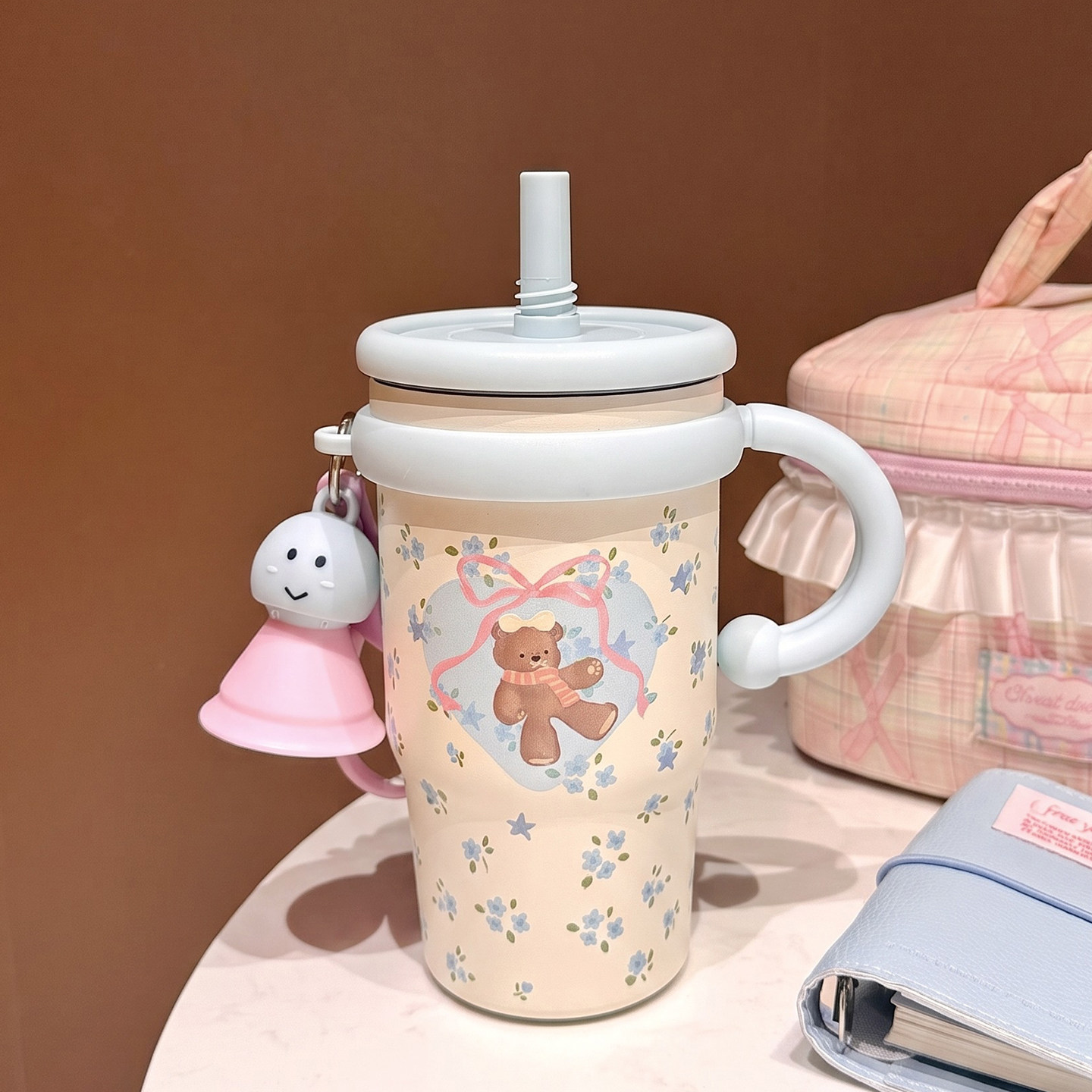 可爱小熊保温杯女生高颜值办公室不锈钢带手柄吸管水杯大容量学生