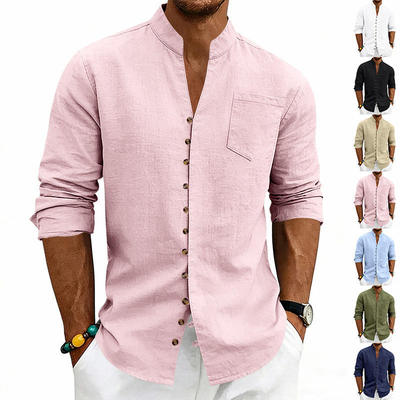 2026跨境亚马孙Wishebay春夏男士复古亚麻休闲宽松长袖衬衫纯色