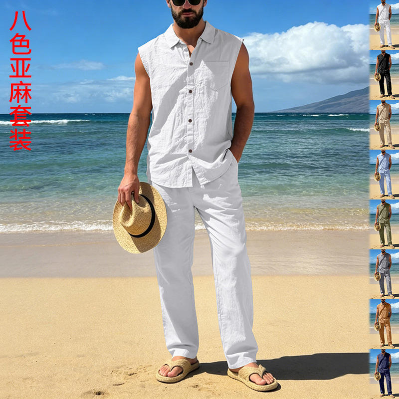 跨境独立站夏季男士宽松沙滩亚麻休闲翻领无袖衬衫直筒长裤套装男