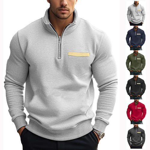 跨境秋冬季卫衣外贸休闲拉链立领加绒纯色男士外套套头YFY-PG-7