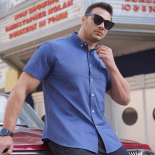 男装 大码 短袖 衬衣肥佬男式 潮胖哥肥 夏季 宽松休闲弹力牛仔衬衫 薄款