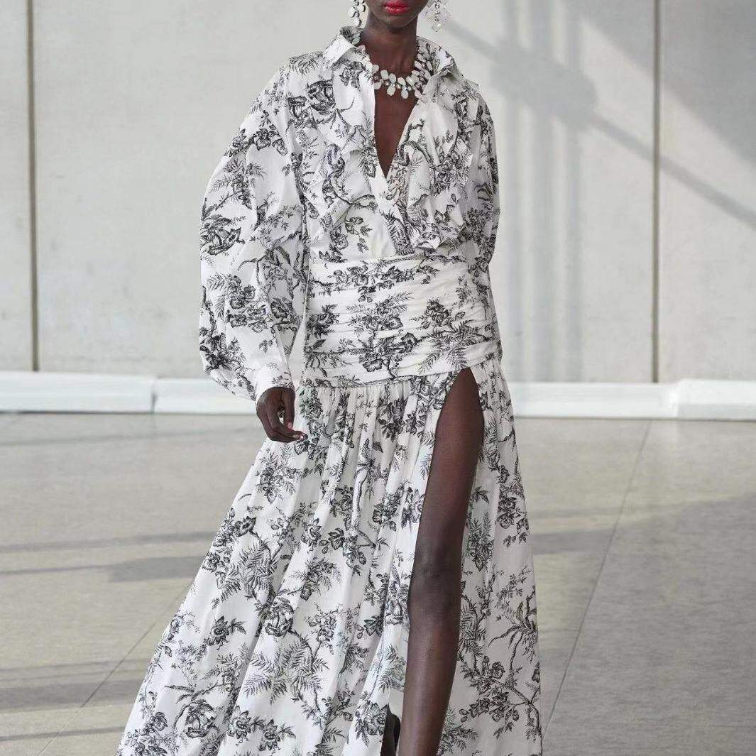 新款2023秋季 衬衫翻领灯笼袖荷叶边拼接上衣+收腰包臀长裙套装女