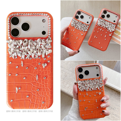 轻奢闪钻橙色皮质适用三星s25ultra水钻s24手机壳s23+保护套s22三星note20ultra手机壳s20保护套s21fe奢华s10