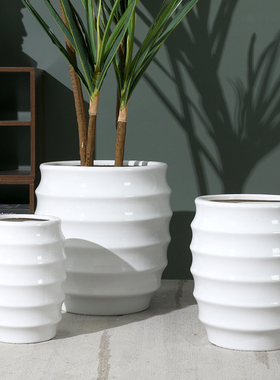 螺纹白色特大号陶瓷花盆大码30cm以上条纹幸福树专用摆件家用客厅
