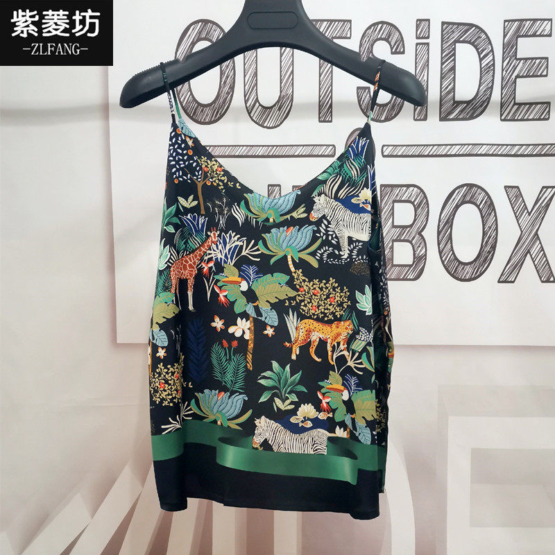 欧货复古印花真丝吊带背心女 V领西装内搭打底民族风缎面上衣外穿