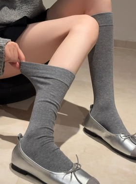 韩系高中生搭配小腿袜子女堆堆袜纯色极简软糯基础款百搭灰色长袜