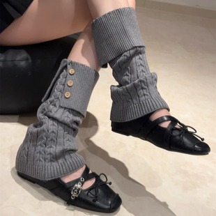 秋冬雪地靴针织袜套女保暖加厚纽扣开叉长筒堆堆袜棕色百搭小腿套